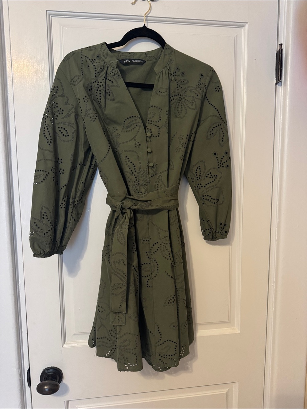 ZARA Olive Green Eyelet Embroidered Belted Dress NWOT
